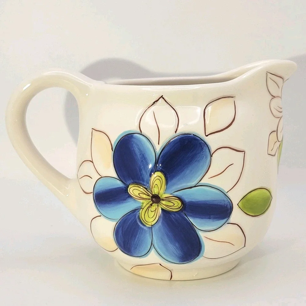 Laurie Gates Lola Embossed Floral Stoneware Creamer‎ Handpainted Cottagecore